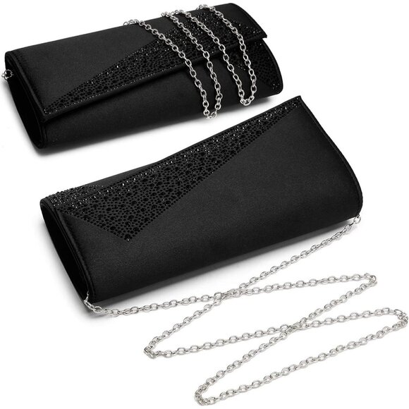 Women's Black Satin Rhinestone Evening Clutch Bag Sparkle Glitter Purse - Picture 7 of 7